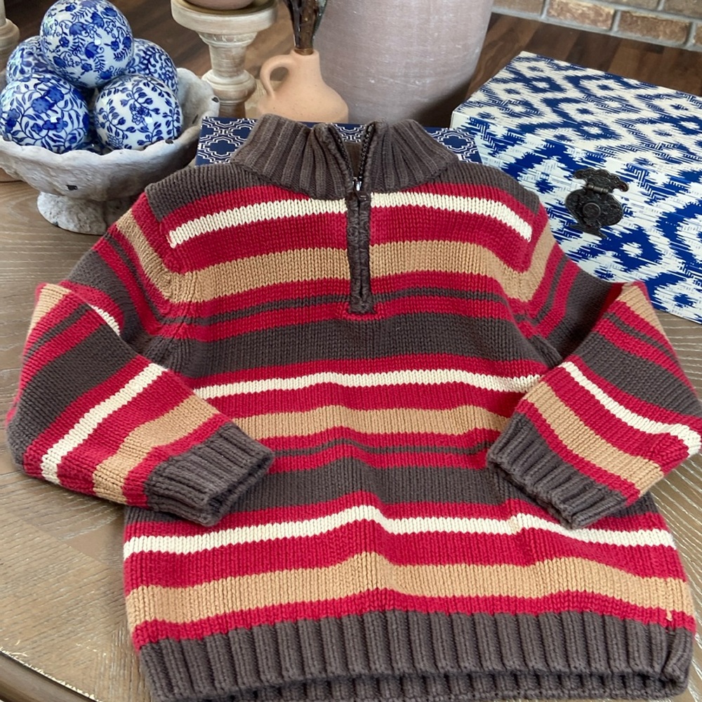 Boys Gymboree Red & Brown Striped 1/4 Zip Sweater Size Small
